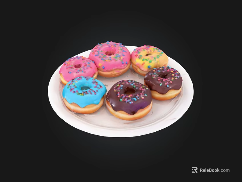 Colorful Donuts with Different Frosting Colors and Sprinkles on White Plate 3d model 