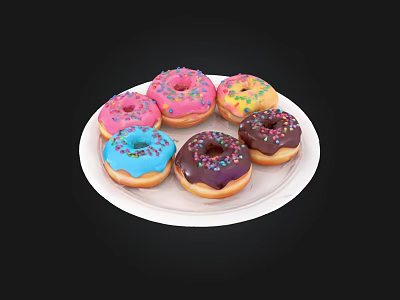 Colorful Donuts with Different Frosting Colors and Sprinkles on White Plate 3d model
