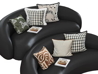 Modern Black Sofa Adorned With Various Patterned Throw Pillows And Books 3d model
