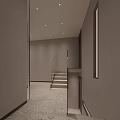 Modern Elevator Hallway With Light-Colored Walls Wooden Doors Terrazzo Flooring Framed Artwork And Potted Plant