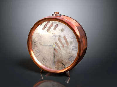 Vintage Copper Round Clock with Aged Dial Roman Numerals and Stand Base 3d model
