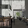Industrial Style Café Interior With Spiral Staircase Bar Counter And Green Plants