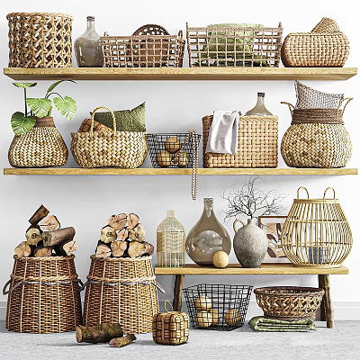 Woven Baskets Vases And Green Plants Decorative Ornament Combination On Shelves 3d model