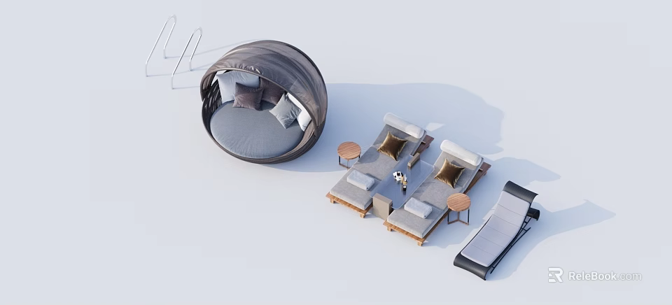 Modern Gray Round Sofa and Coffee Table Set with Pillows and Lounge Chairs 3d model 