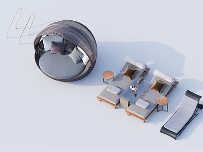 Modern Gray Round Sofa and Coffee Table Set with Pillows and Lounge Chairs 3d model