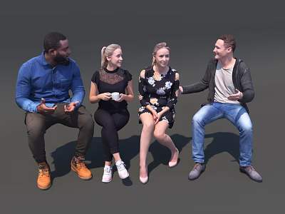 Group of Four People Sitting Together Chatting With Cups And Smartphone In Casual Setting 3d model