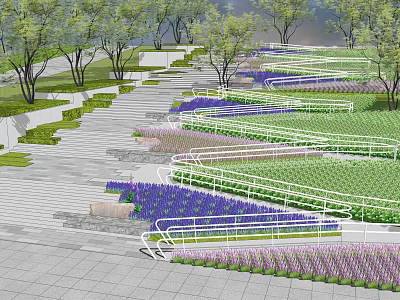 Serene Garden Landscape With Winding Pathways Colorful Flowers Trees And Lush Lawns 3d model