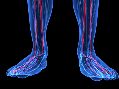 Human Leg And Foot Vascular System With Blue Red Blood Vessels On Black Background 3d model