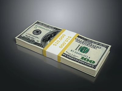 Stack of US Dollar Bills Bound With Yellow Strap and $10000 Denomination on Dark Background 3d model