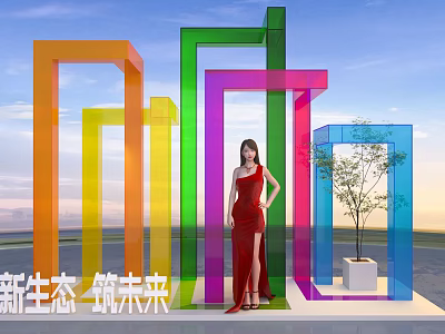 Vibrant Colorful Frame Photo Check-in Spot With Red Dress Woman Small Tree And Blue Sky 3d model