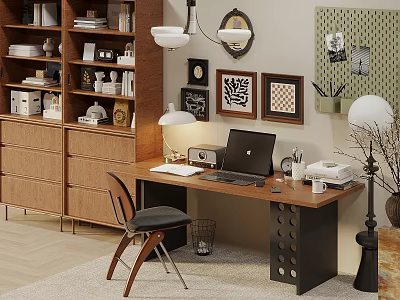 Modern Desk Interior With Wooden Bookshelf Framed Art Table Lamp Laptop And Chair 3d model