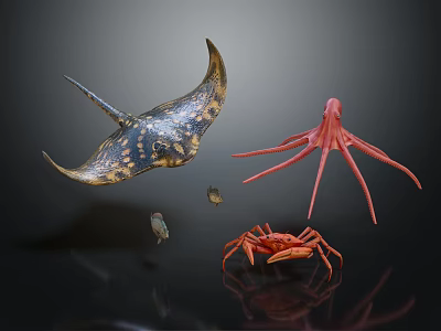 Colorful Marine Animals Including Manta Ray Octopus and Crab in Underwater 3d model