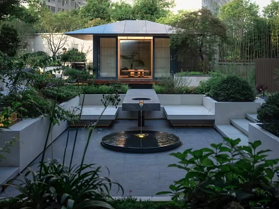 Serene Contemporary Garden Design With Central Fountain Pavilion Stone Benches And Lush Greenery 3d model