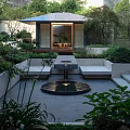 Serene Contemporary Garden Design With Central Fountain Pavilion Stone Benches And Lush Greenery