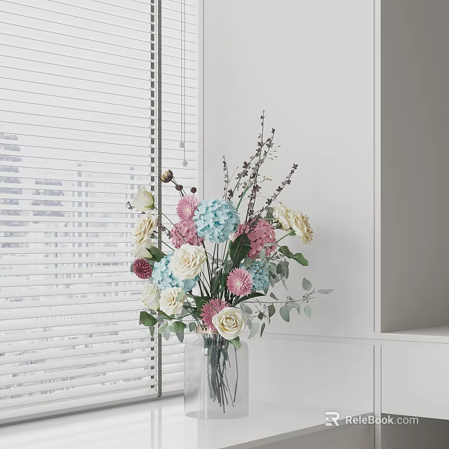 Elegant Vase with Mixed Pink Blue White Flowers by Window Blinds and White Wall 3d model 