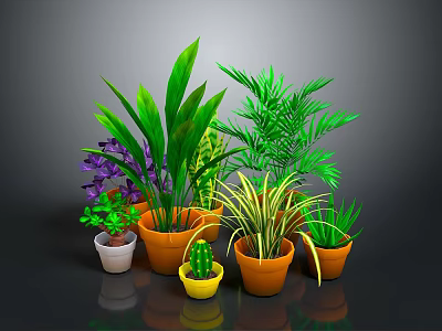 Indoor Potted Plants With Green Foliage Purple Flowers And Colorful Pots For Home Decor 3d model