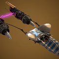 Futuristic Sci Fi Flying Vehicle With Yellow Wing Structures Black Mechanical Engines And Purple Electric Currents