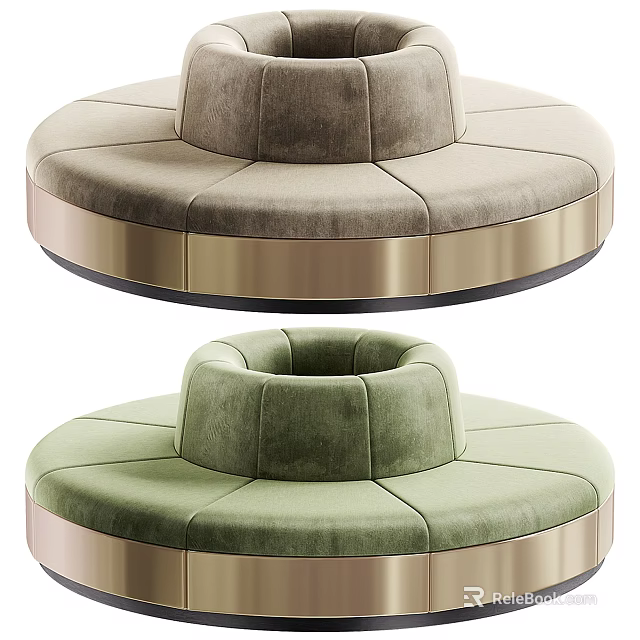 Circular Banquette Sofa with Gray and Green Velvet Upholstery and Golden Frame 3d model 