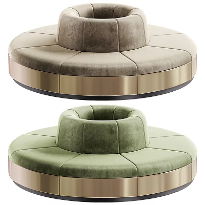 Circular Banquette Sofa with Gray and Green Velvet Upholstery and Golden Frame 3d model