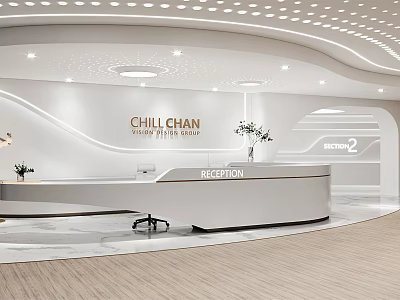 Elegant Modern Reception Desk Interior With Curved Counter Marble Surface Green Plants And Ambient Lighting 3d model