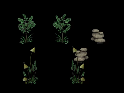 Decorative Plant Combinations With Green Foliage Mushrooms And Stacked Stones 3d model