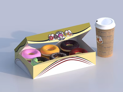 Commercial Bakery Packaging Equipment with Open Donut Box Colorful Donuts and Lid Covered Coffee Cup 3d model