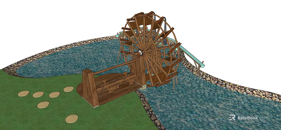 Decorative Wooden Waterwheel Garden Ornament With Water Grass And Stones 3d model 