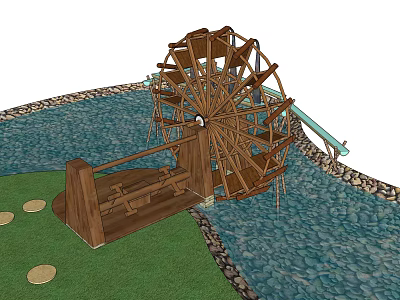 Decorative Wooden Waterwheel Garden Ornament With Water Grass And Stones 3d model