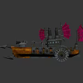 Cartoon Style Boat Scene With Wooden Hull Red Flags And Mechanical Structures