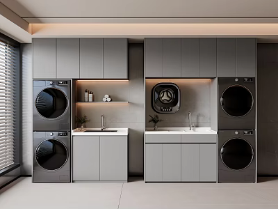 Modern Laundry Room With Stackable Washing Machines Grey Cabinets And Sink Countertop 3d model