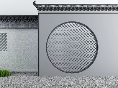 Traditional Chinese Scenic Wall With Circular Lattice Window Black Roof Tiles And Gravel Ground 3d model