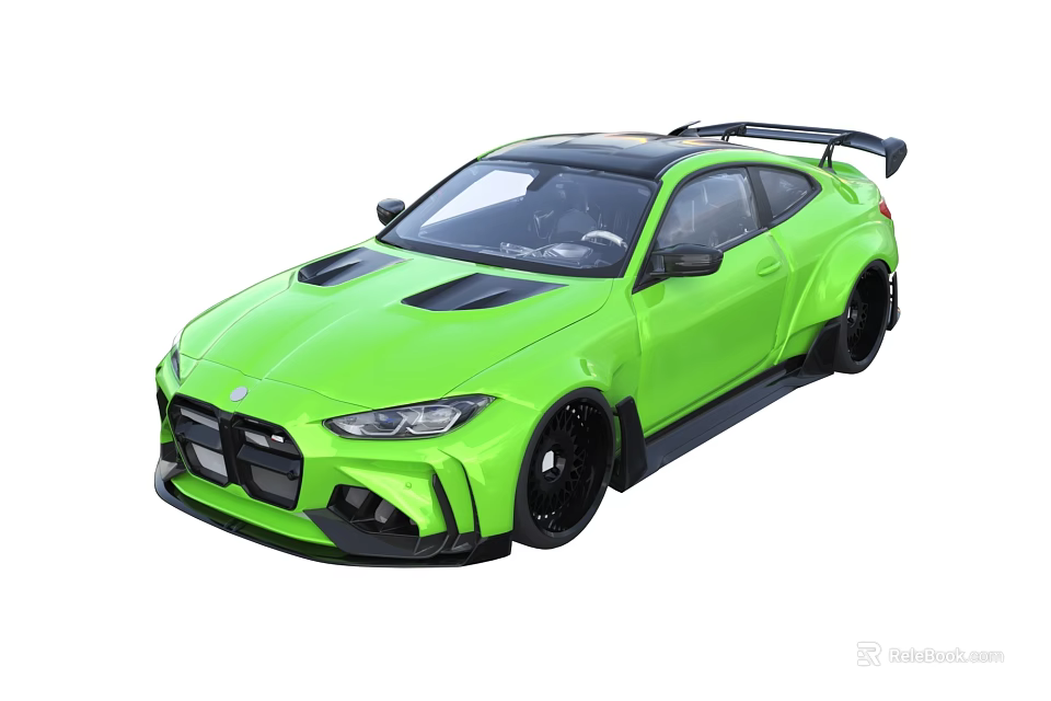 Bright Green High Performance Modified Sports Car With Black Roof And Rear Spoiler 3d model 
