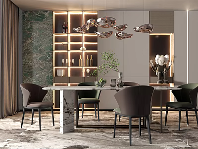 Elegant Modern Restaurant Interior With Marble Dining Table Upholstered Chairs And Pendant Lights 3d model