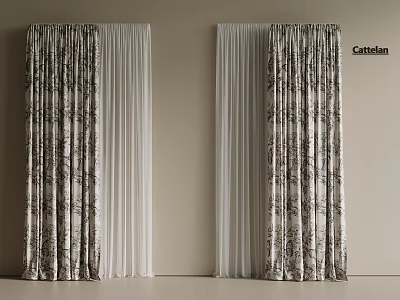 Stylish Patterned Curtains With Sheer White Panels For Home Interior Decor 3d model
