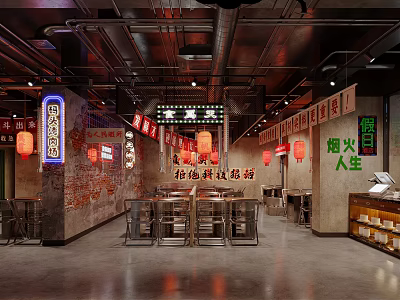 Retro Industrial Chinese Barbecue Restaurant Interior With Vibrant Neon Signboards And Warm Red Lanterns 3d model