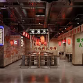 Retro Industrial Chinese Barbecue Restaurant Interior With Vibrant Neon Signboards And Warm Red Lanterns