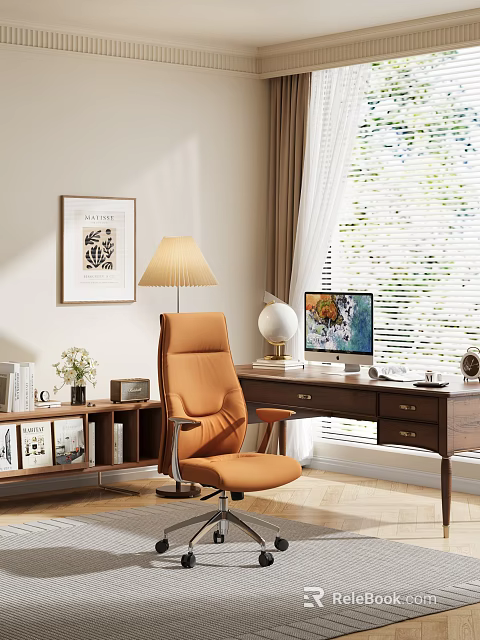 Cozy Home Office Study With Orange Chair Wooden Desk Computer Monitor And Wall Art 3d model 
