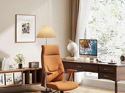 Cozy Home Office Study With Orange Chair Wooden Desk Computer Monitor And Wall Art 3d model