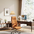 Cozy Home Office Study With Orange Chair Wooden Desk Computer Monitor And Wall Art