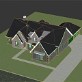 Single Family Detached House With Dark Roof Brick Exterior Green Lawn And Concrete Driveway