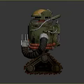 Retro Game Movie Robot Character With Green Body Orange Head Tracked Base Mechanical Claw Arms