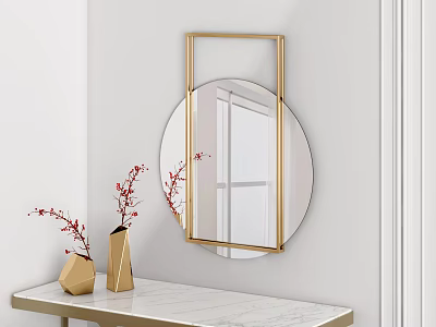 Elegant Round Mirror With Golden Frame On White Marble Tabletop And Red Branches In Vase 3d model