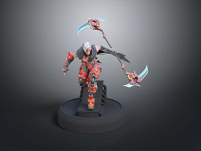 3D Character Model With Red Armor White Hair And Dual Blue Blades On Black Base 3d model