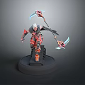 3D Character Model With Red Armor White Hair And Dual Blue Blades On Black Base