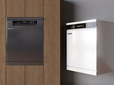 Stainless Steel Built In And White Freestanding Dishwashers In Wooden Kitchen Cabinets 3d model