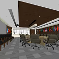 Modern Conference Room With Round Table Ergonomic Chairs Ceiling Lighting And National Flags