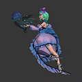 Game And Movie Character With Green Hair Purple Bow Blue Glowing Orb And Dynamic Pose