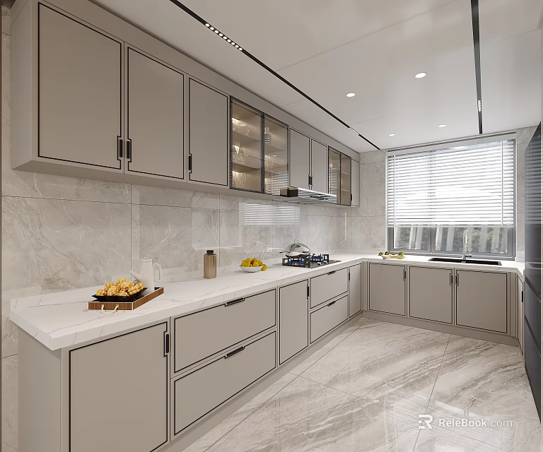 Modern Kitchen Interior Design With Gray Cabinets Marble Countertops And Window Blinds 3d model