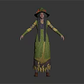A Woman in Green and Purple Dress with Wide Brimmed Hat Standing with Arms Outstretched