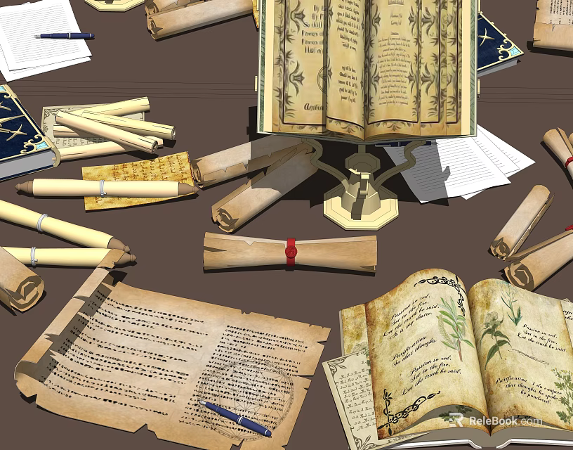 Creative Garden Ornaments With Vintage Scrolls Herb Illustrations And Handwritten Notes 3d model